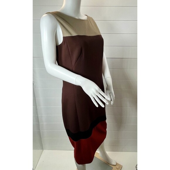 AKRIS PUNTO Sz US 8 Tan Maroon Red Sheath Dress Viscose Wool Blend Art To Wear - Picture 4 of 14